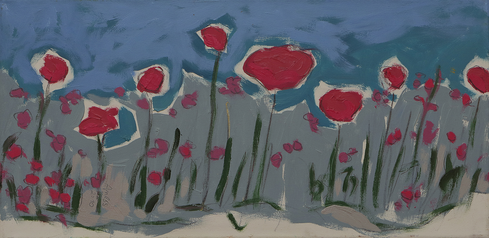 Gemälde Landschaft Wiese Blumen pink blau Feld Acker Mohn Provence