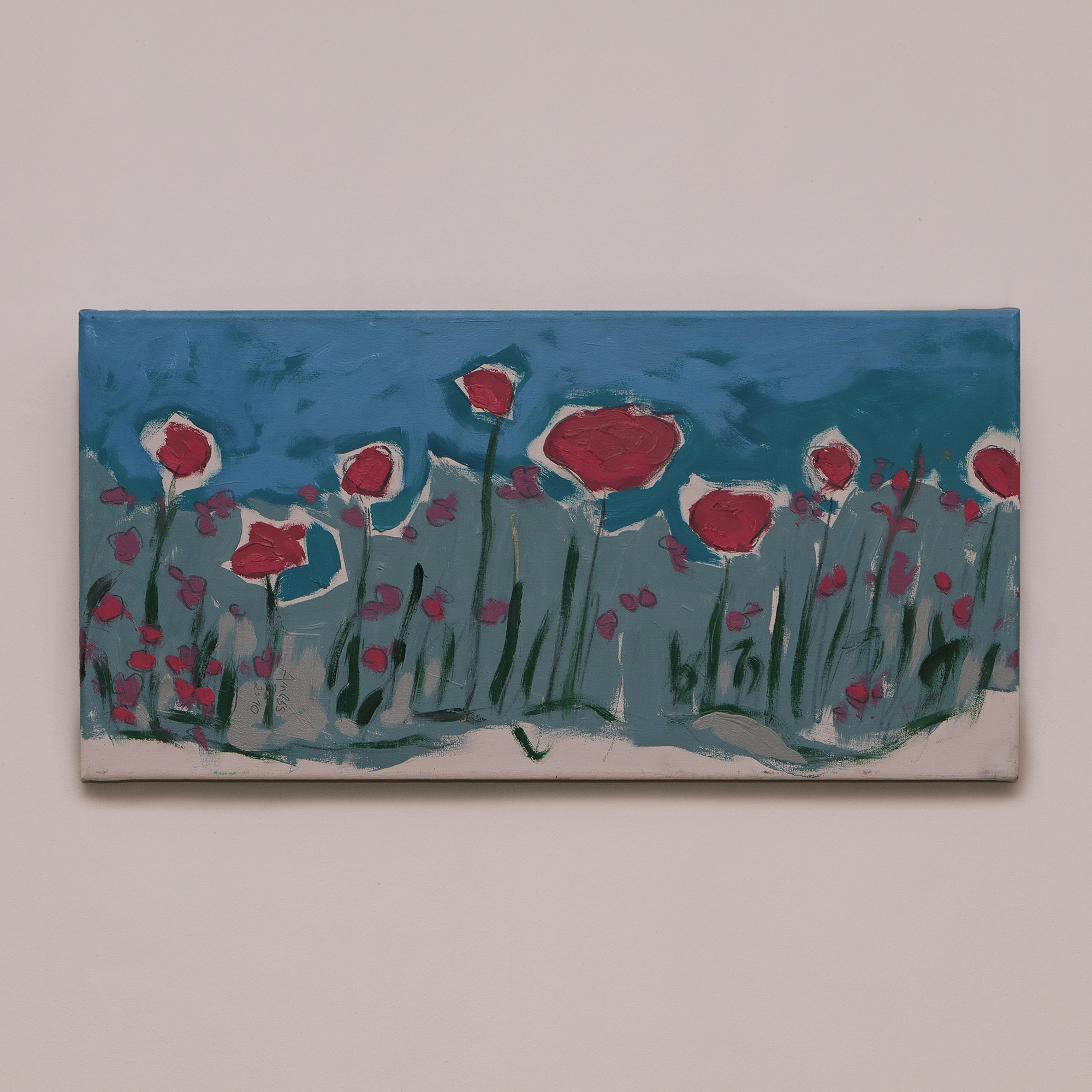 Detail Gemälde Landschaft Wiese Blumen pink blau Feld Acker Mohn Provence
