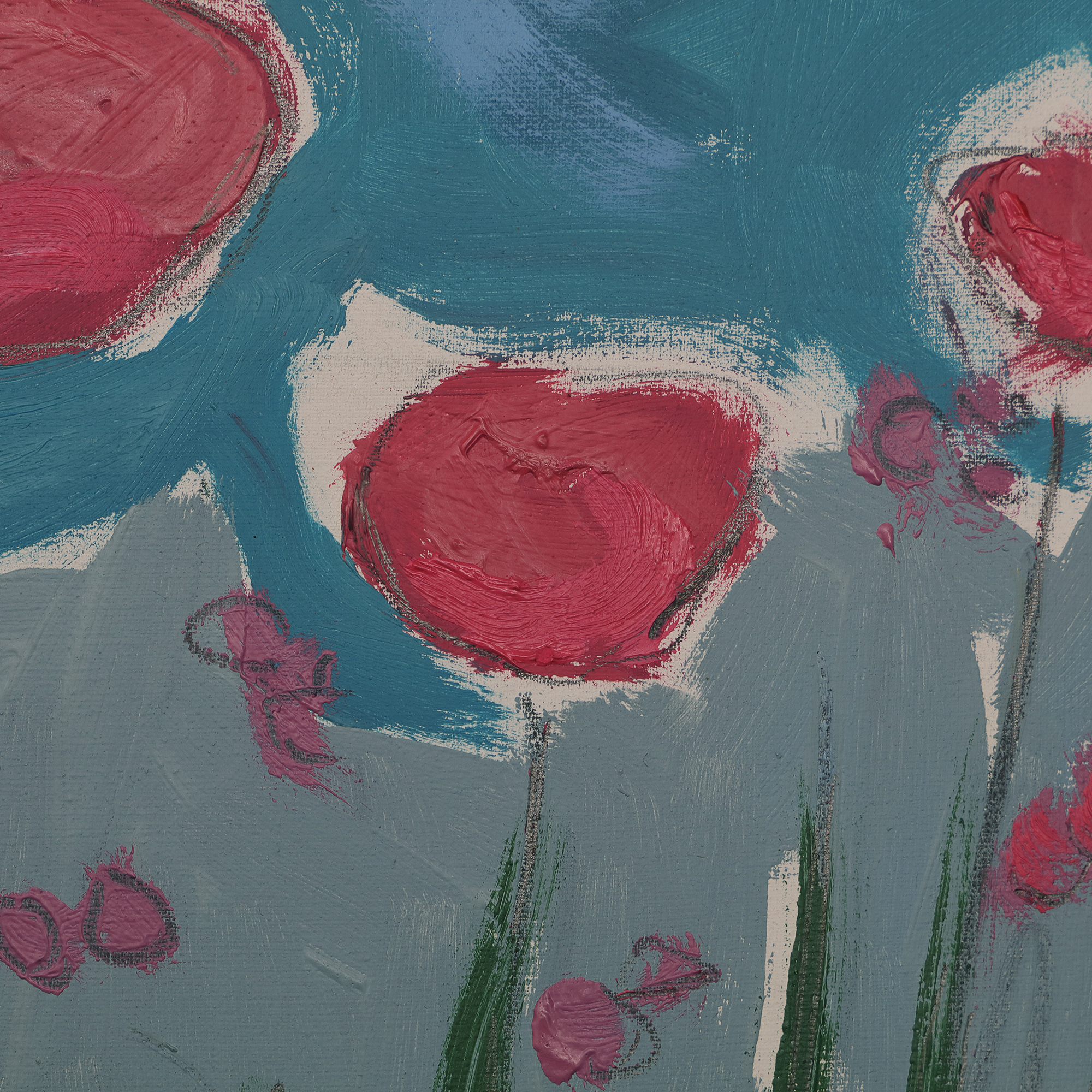 Detail Gemälde Landschaft Wiese Blumen pink blau Feld Acker Mohn Provence