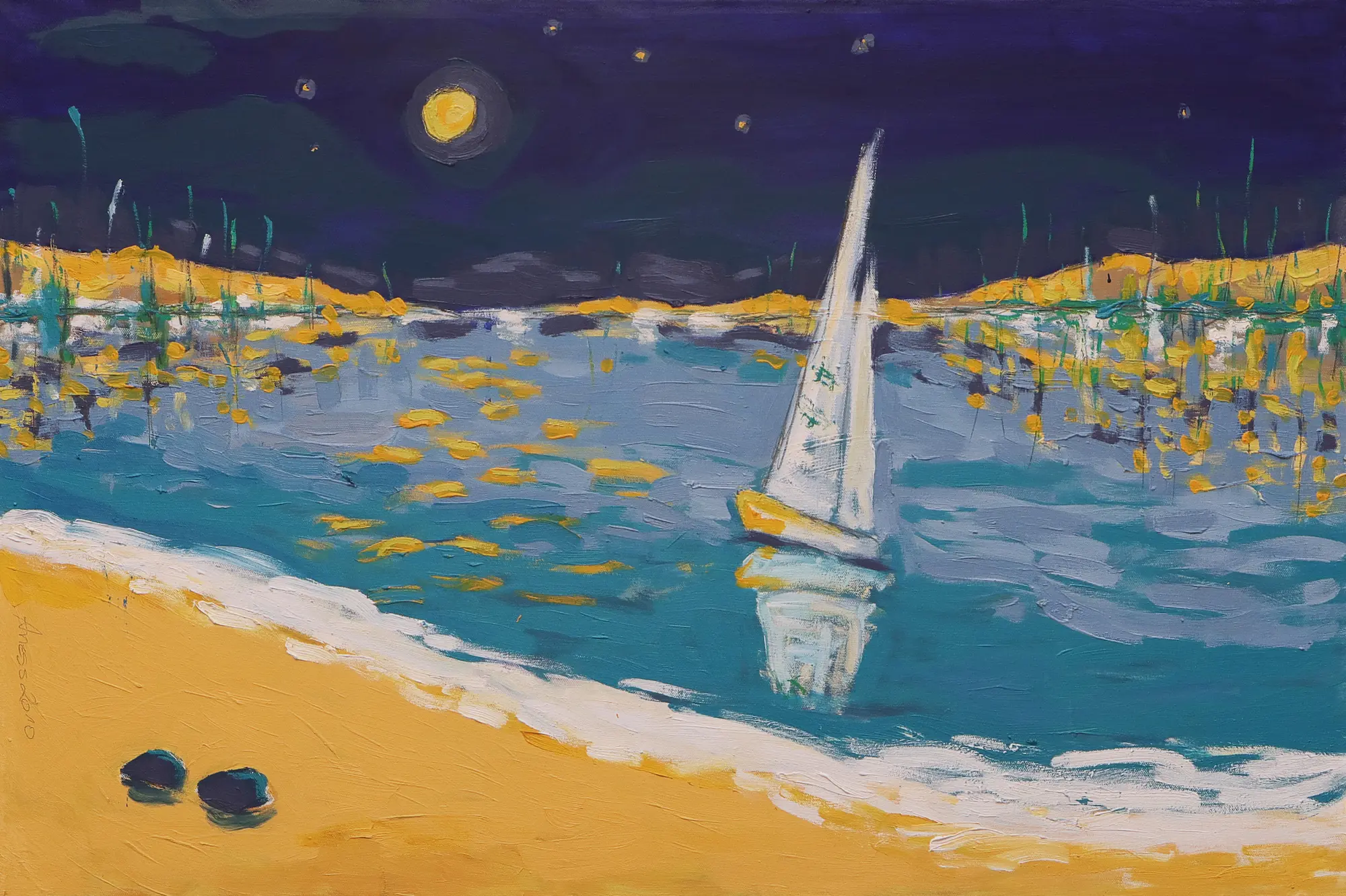 Echtes Ölgemälde Meer Landschaft Sylt Ostsee Segelboot blau gelb Strand Nacht
