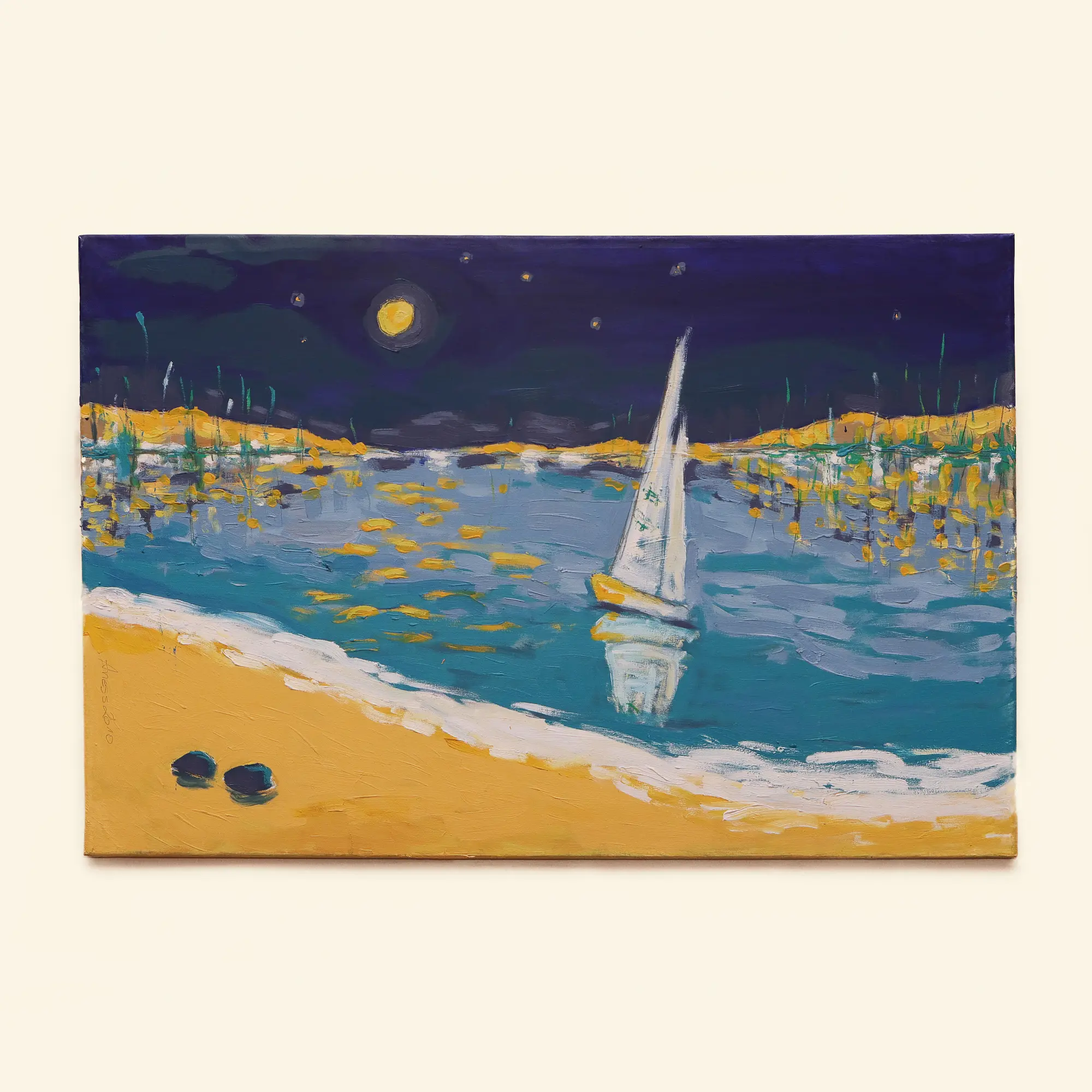 Nahaufnahme Echtes Ölgemälde Meer Landschaft Sylt Ostsee Segelboot blau gelb Strand Nacht