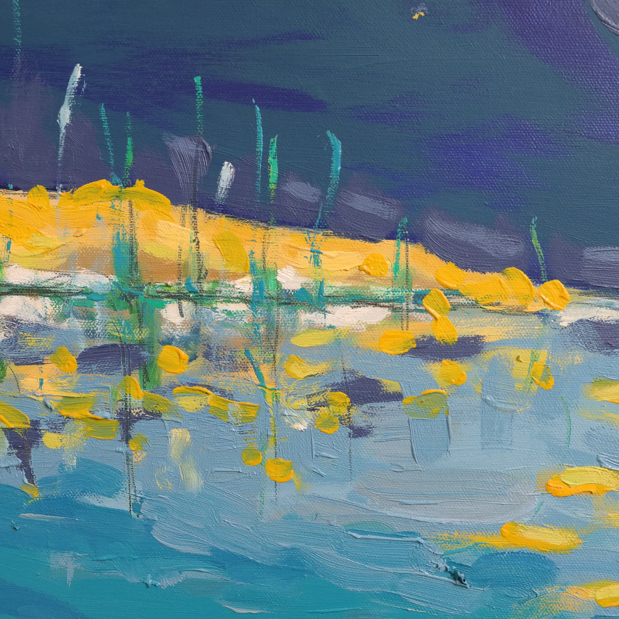 Nahaufnahme Echtes Ölgemälde Meer Landschaft Sylt Ostsee Segelboot blau gelb Strand Nacht