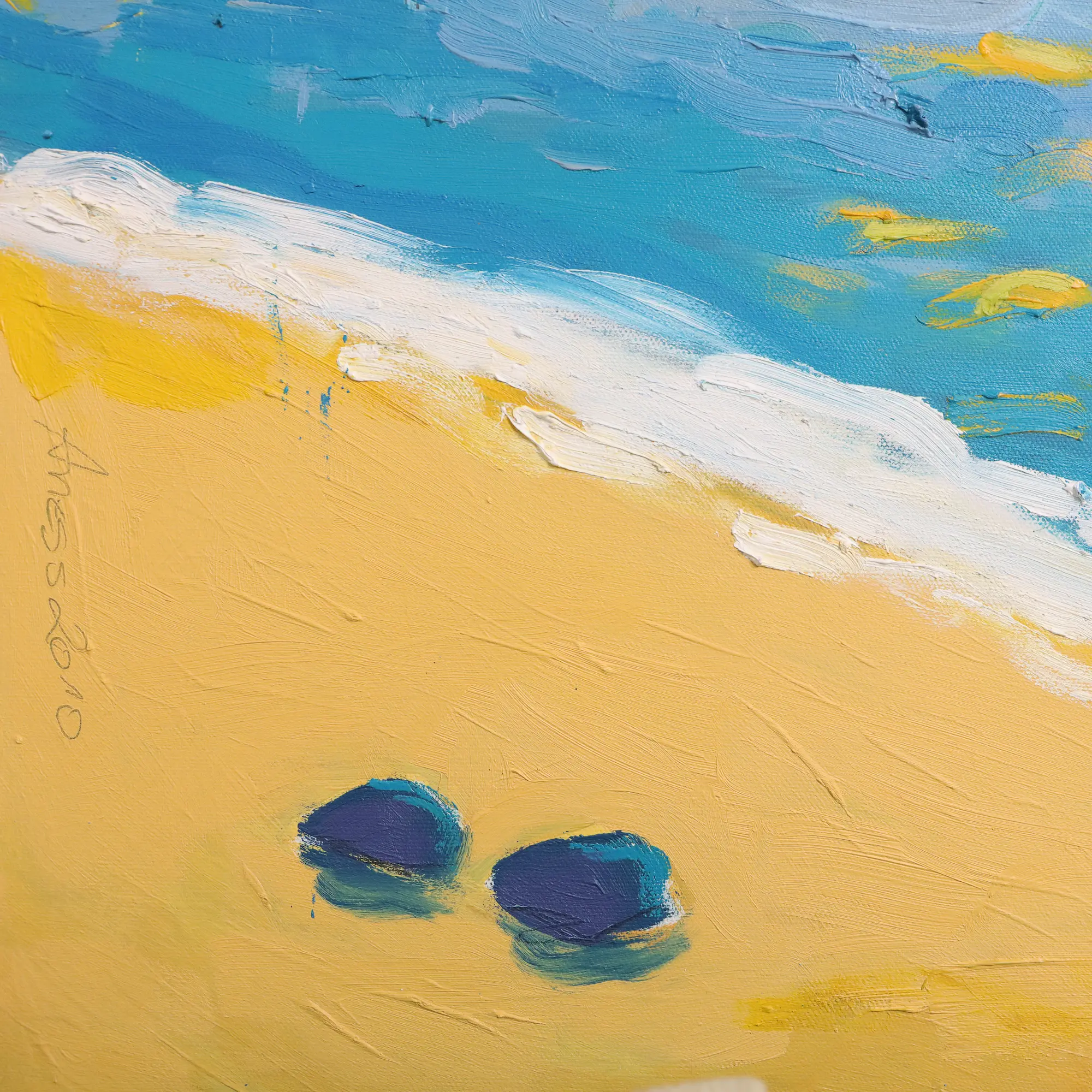 Nahaufnahme Echtes Ölgemälde Meer Landschaft Sylt Ostsee Segelboot blau gelb Strand Nacht
