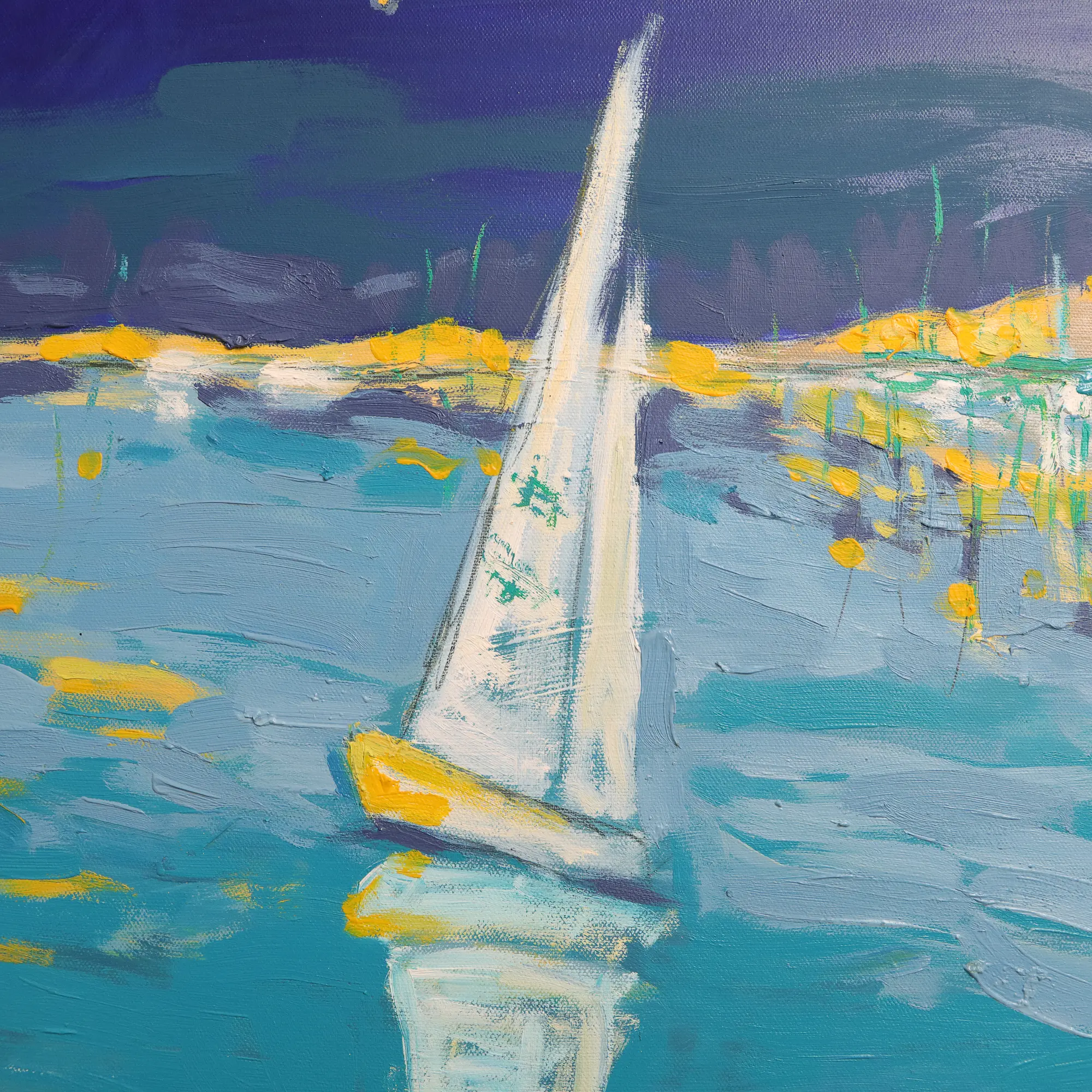 Nahaufnahme Echtes Ölgemälde Meer Landschaft Sylt Ostsee Segelboot blau gelb Strand Nacht