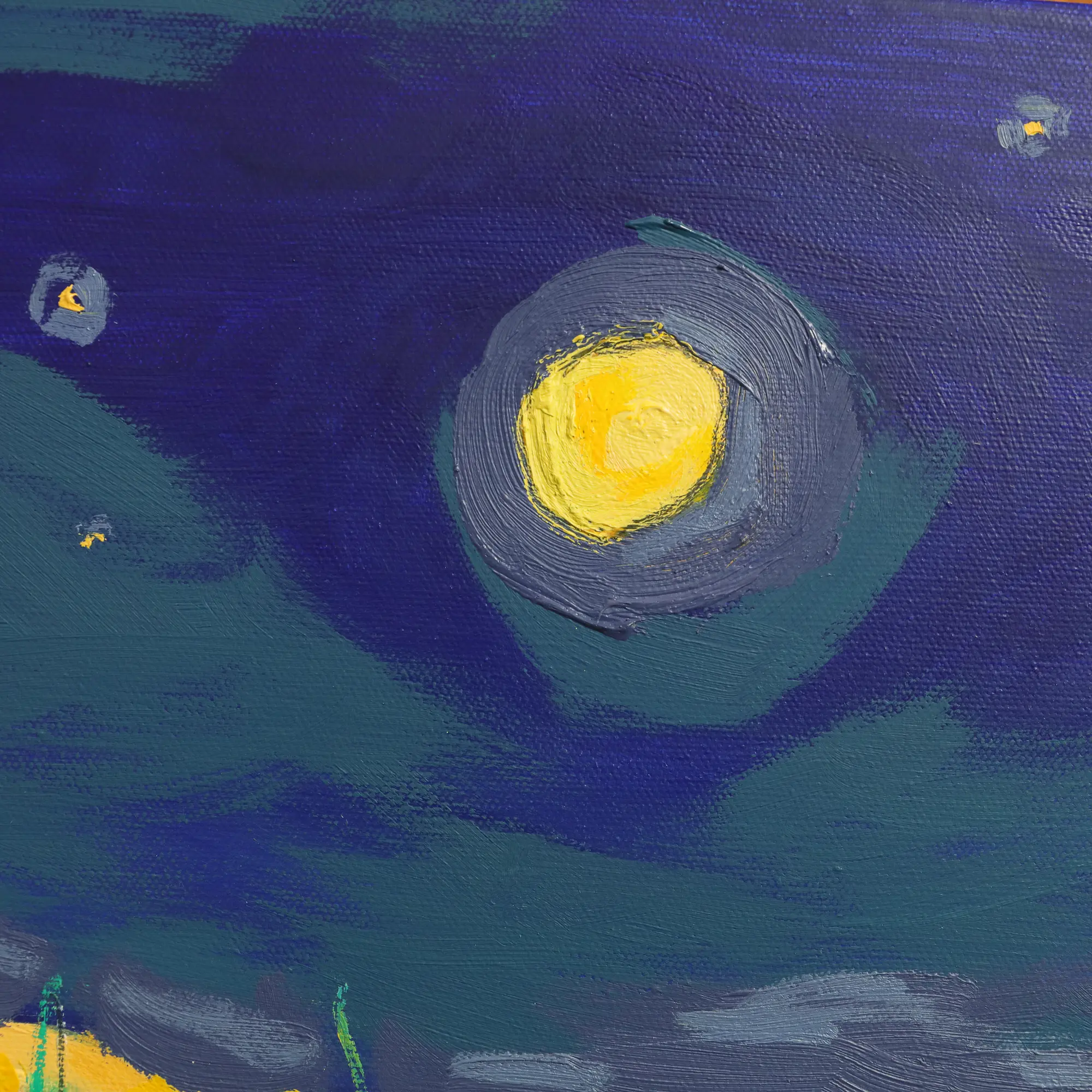 Nahaufnahme Echtes Ölgemälde Meer Landschaft Sylt Ostsee Segelboot blau gelb Strand Nacht