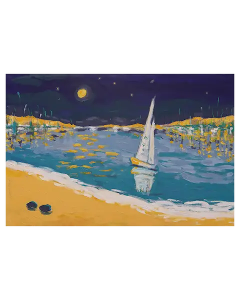 Echtes Ölgemälde Meer Landschaft Sylt Ostsee Segelboot blau gelb Strand Nacht