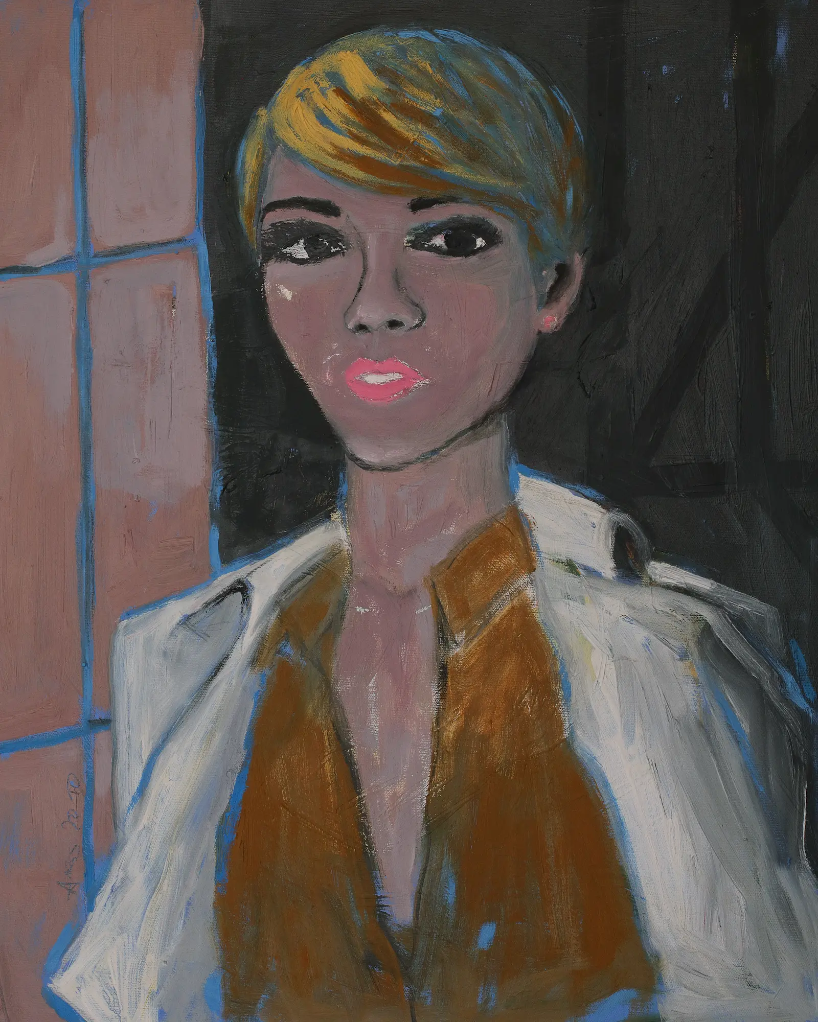 Gemälde Portrait Portraet Frau Damen blond kurze Haare schwarz weiss dunkel