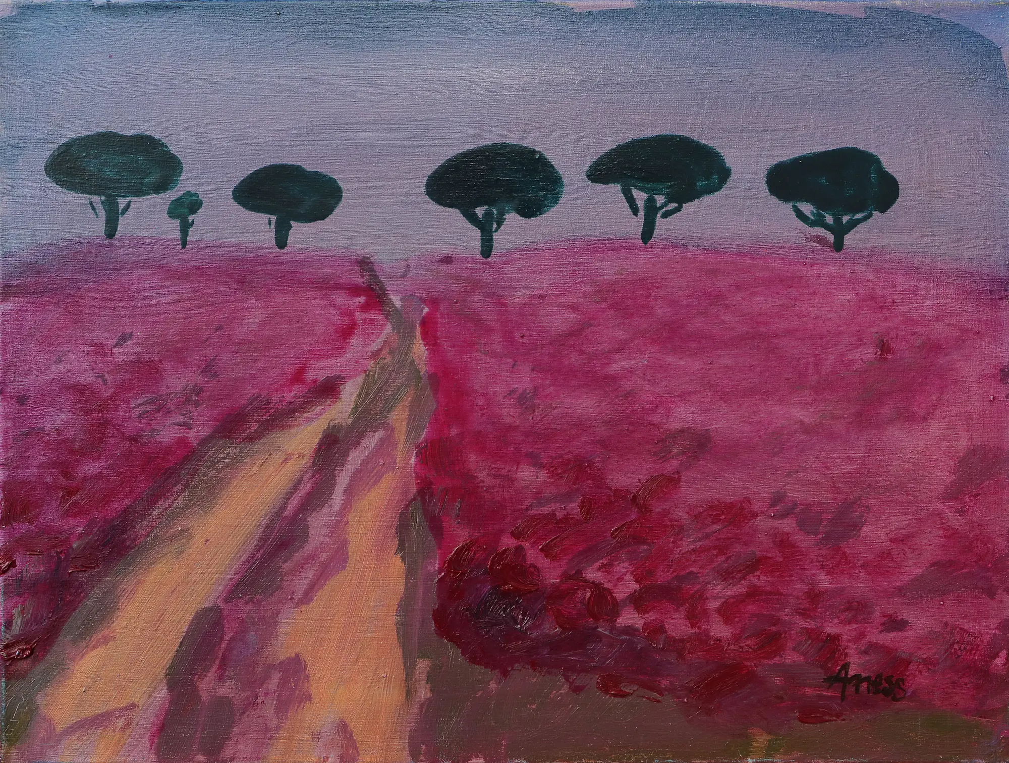 Gemälde Landschaft pink Baeume Feld Acker Mohn Blumen Provence Oel Kunst Unikat