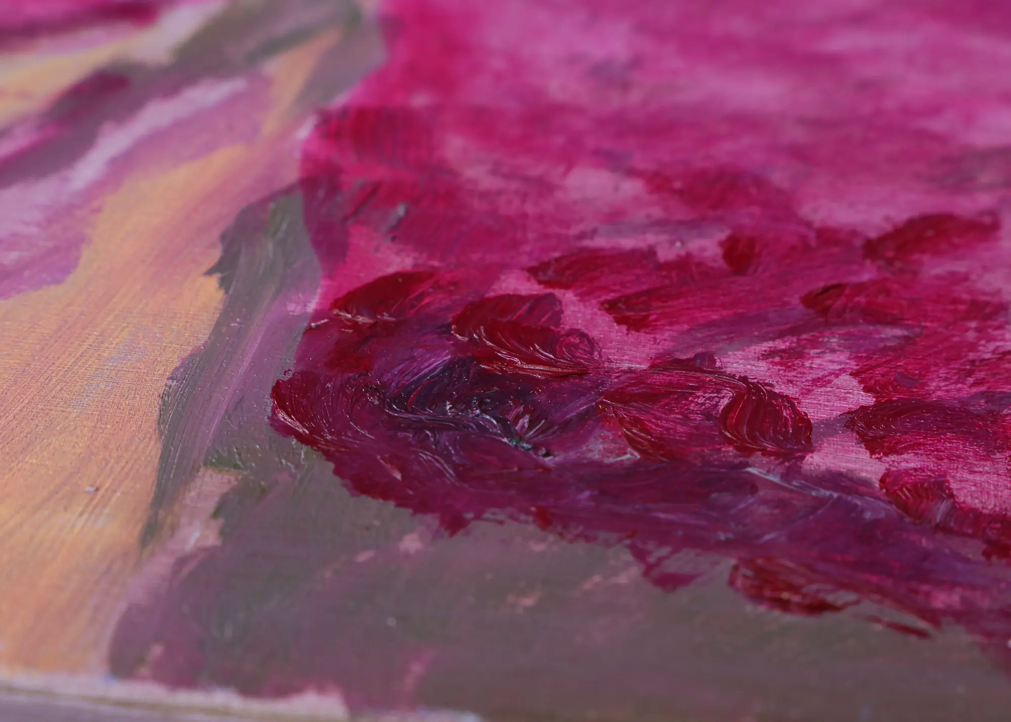 Nahaufnahme Gemälde Landschaft pink Baeume Feld Acker Mohn Blumen Provence Oel Kunst Unikat