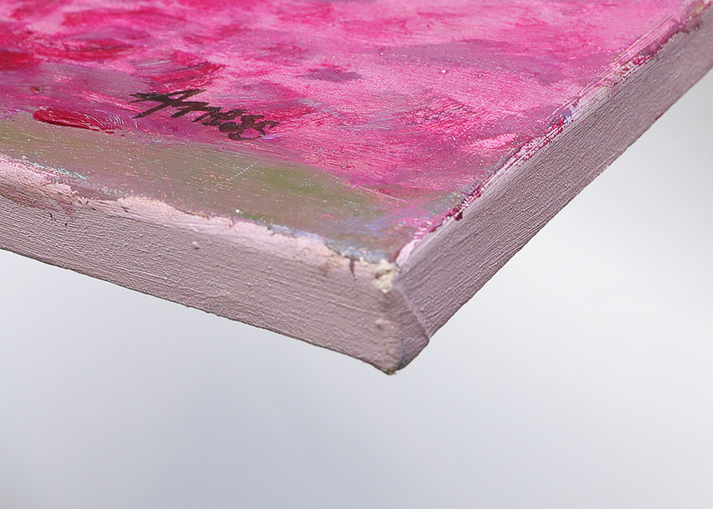 Detail Gemälde Landschaft pink Baeume Feld Acker Mohn Blumen Provence Oel Kunst Unikat