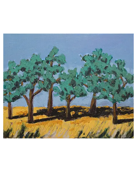 Gemälde Landschaft Provence Portugal Sardinien Kork Eichen Baum gelb hell blau