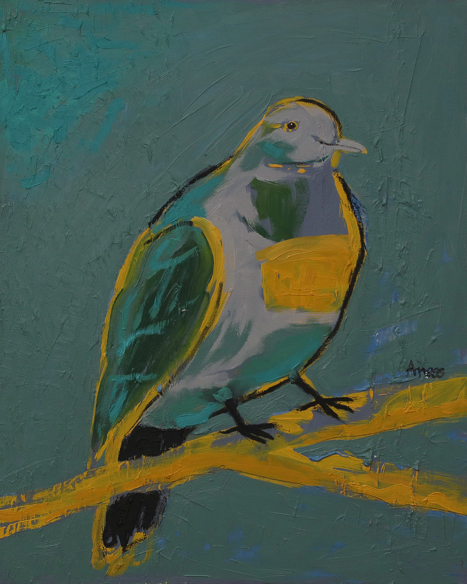 echtes Öl Gemälde gruen gelb grau Vogel Taube Tier dick matt abstrakt Kunst