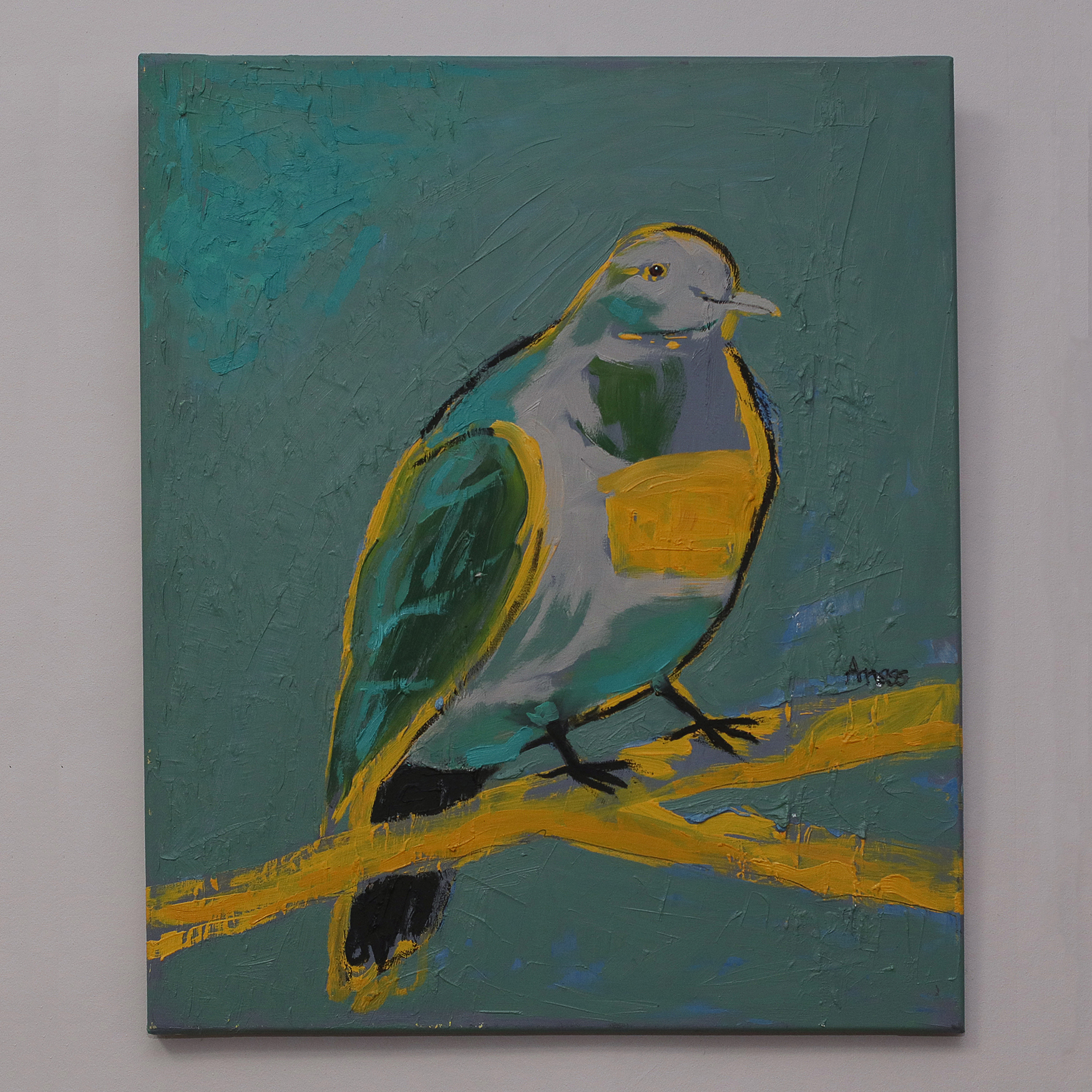 Detail echtes Öl Gemälde gruen gelb grau Vogel Taube Tier dick matt abstrakt Kunst