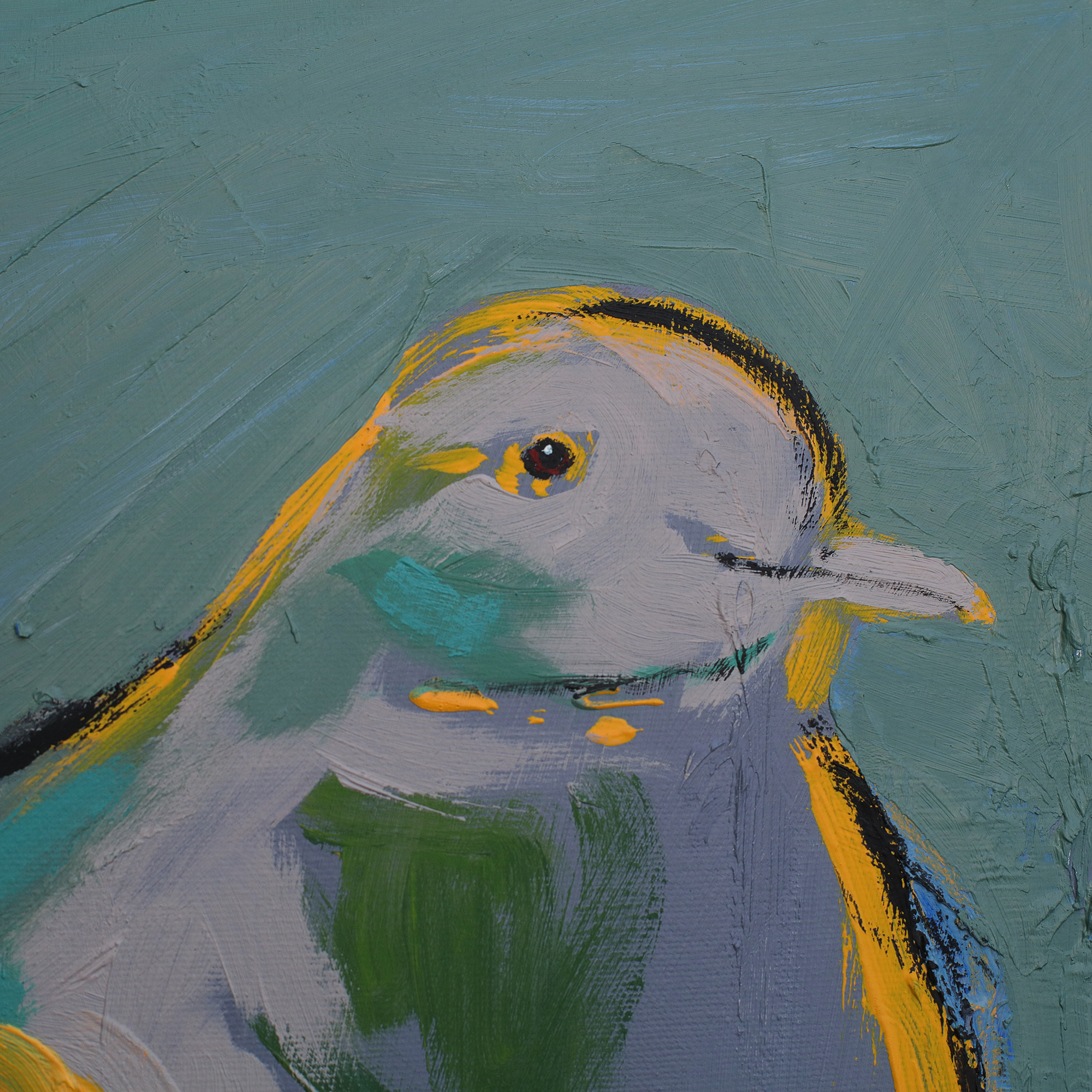 Detail echtes Öl Gemälde gruen gelb grau Vogel Taube Tier dick matt abstrakt Kunst