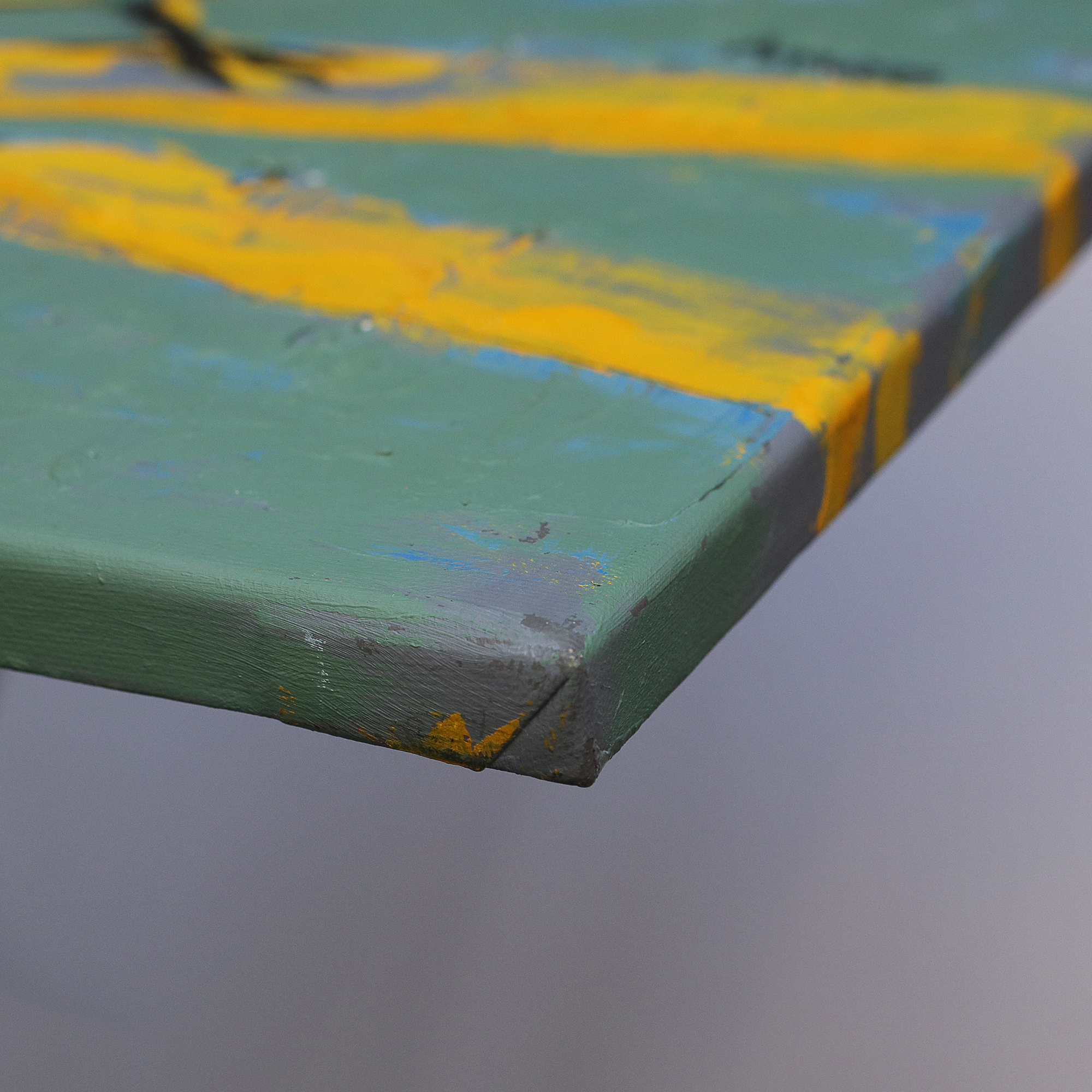 Detail echtes Öl Gemälde gruen gelb grau Vogel Taube Tier dick matt abstrakt Kunst