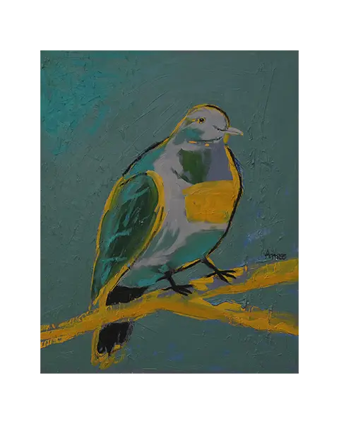echtes Öl Gemälde gruen gelb grau Vogel Taube Tier dick matt abstrakt Kunst