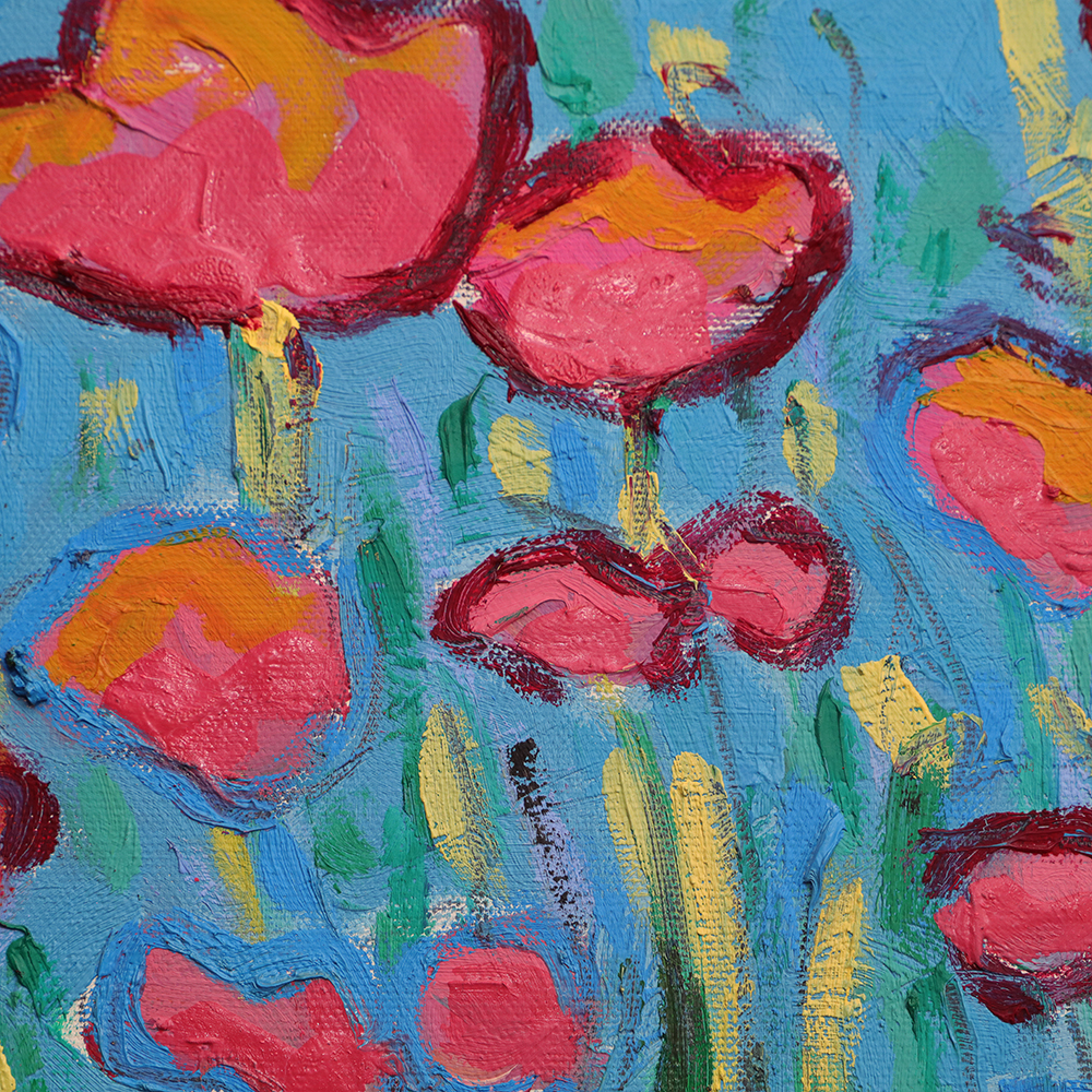 Detail Gemälde Bild Mohn Tulpen Blumen Wiese Feld hell blau rosa pink gruen pastell