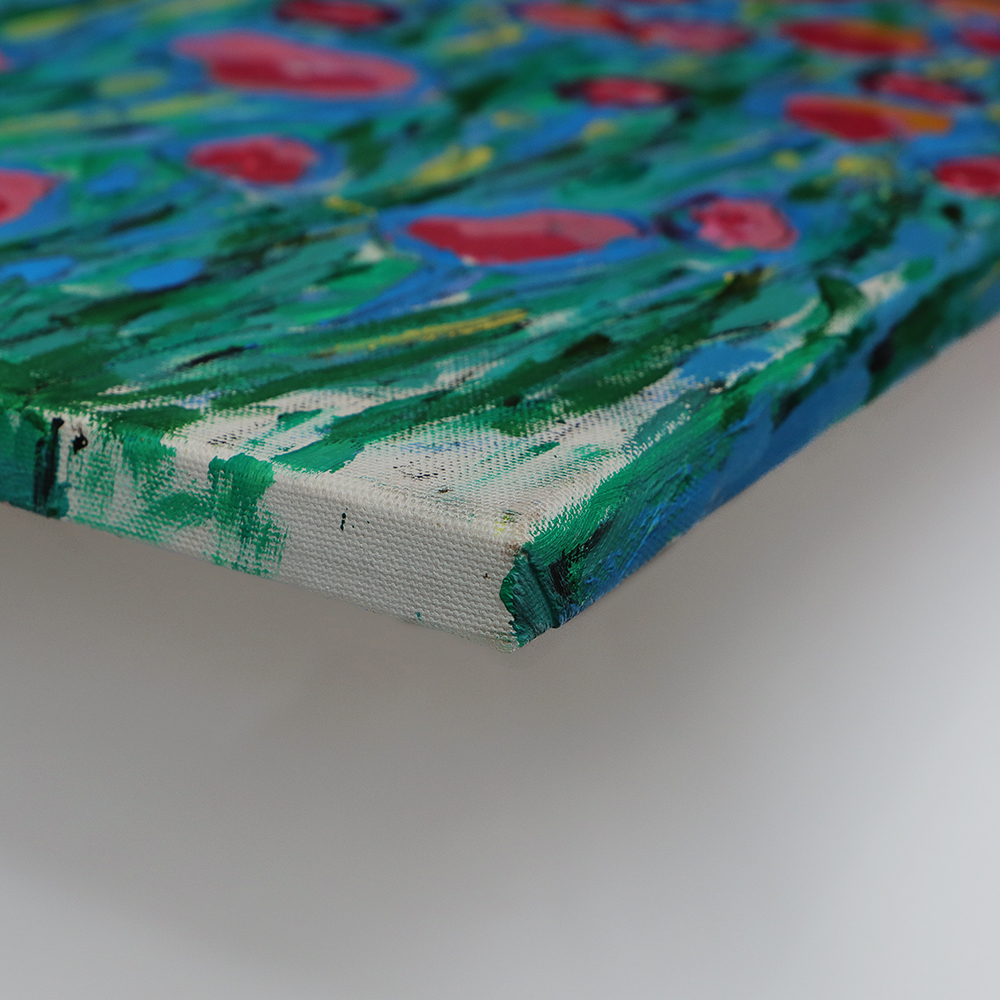 Detail Gemälde Bild Mohn Tulpen Blumen Wiese Feld hell blau rosa pink gruen pastell