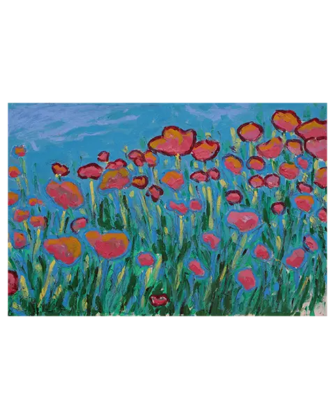Gemälde Bild Mohn Tulpen Blumen Wiese Feld hell blau rosa pink gruen pastell