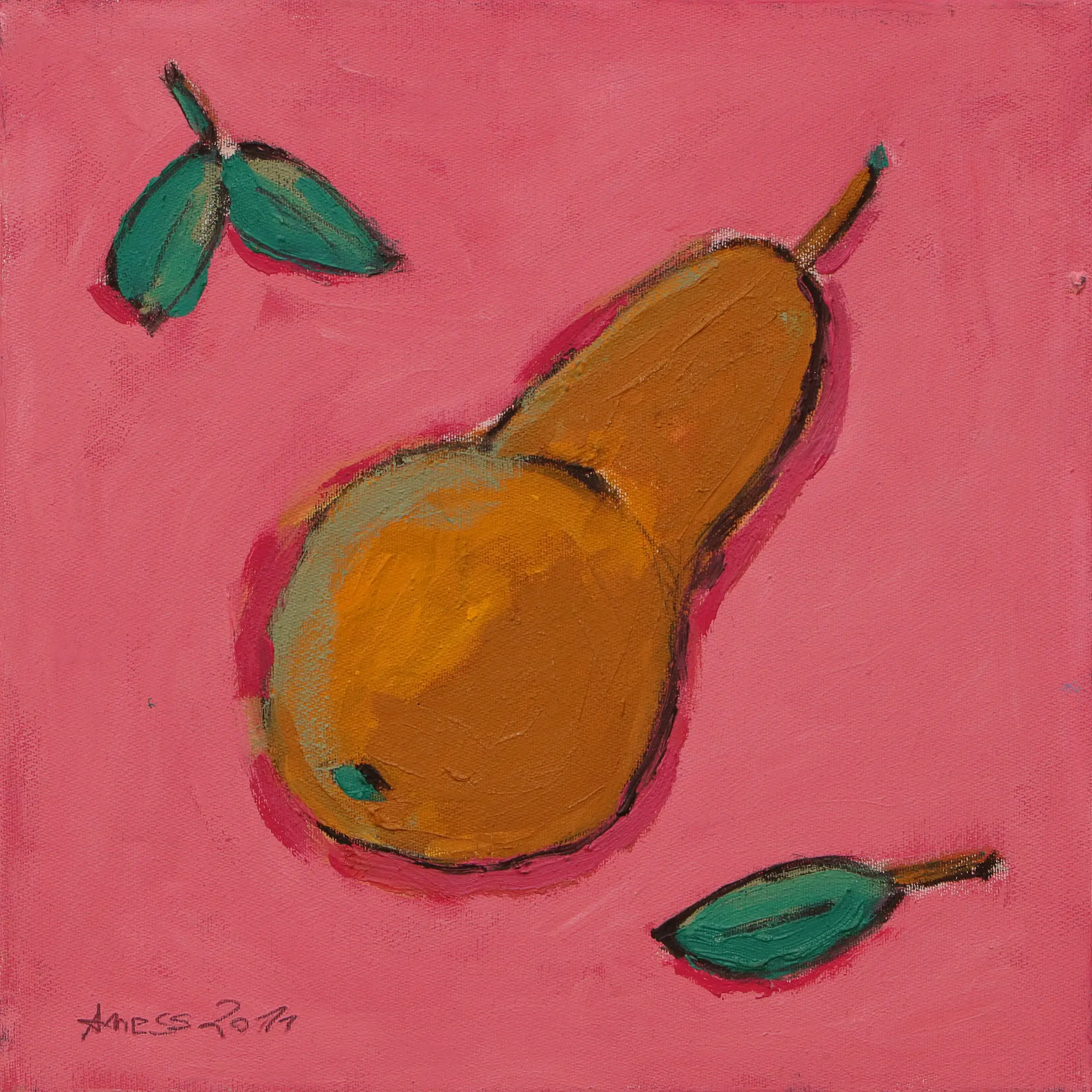 Gemälde XS Mini klein Frucht rosa pink Birne Obst Kueche Esszimmer Kunst Oel