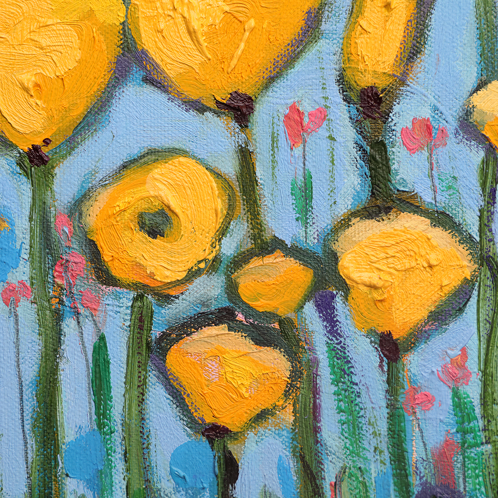 Detail Gemälde Blumen Wiese Feld Acker Mohn hell blau gelb grün Kunst Unikat Tulpen