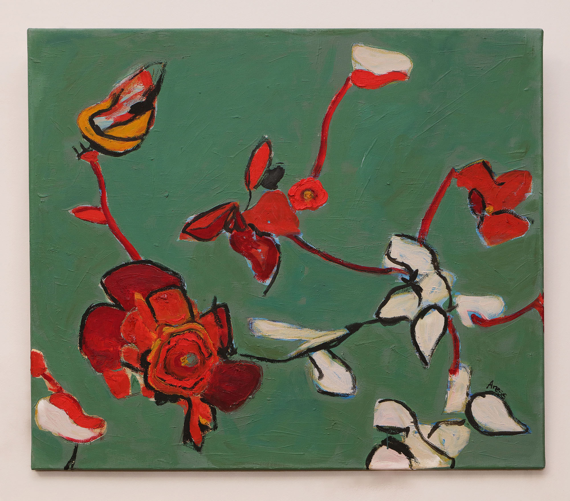 Detail echtes Gemälde Blaetter Knospen Blueten Apfel Kirsch Baum Dornen gruen rot weiss