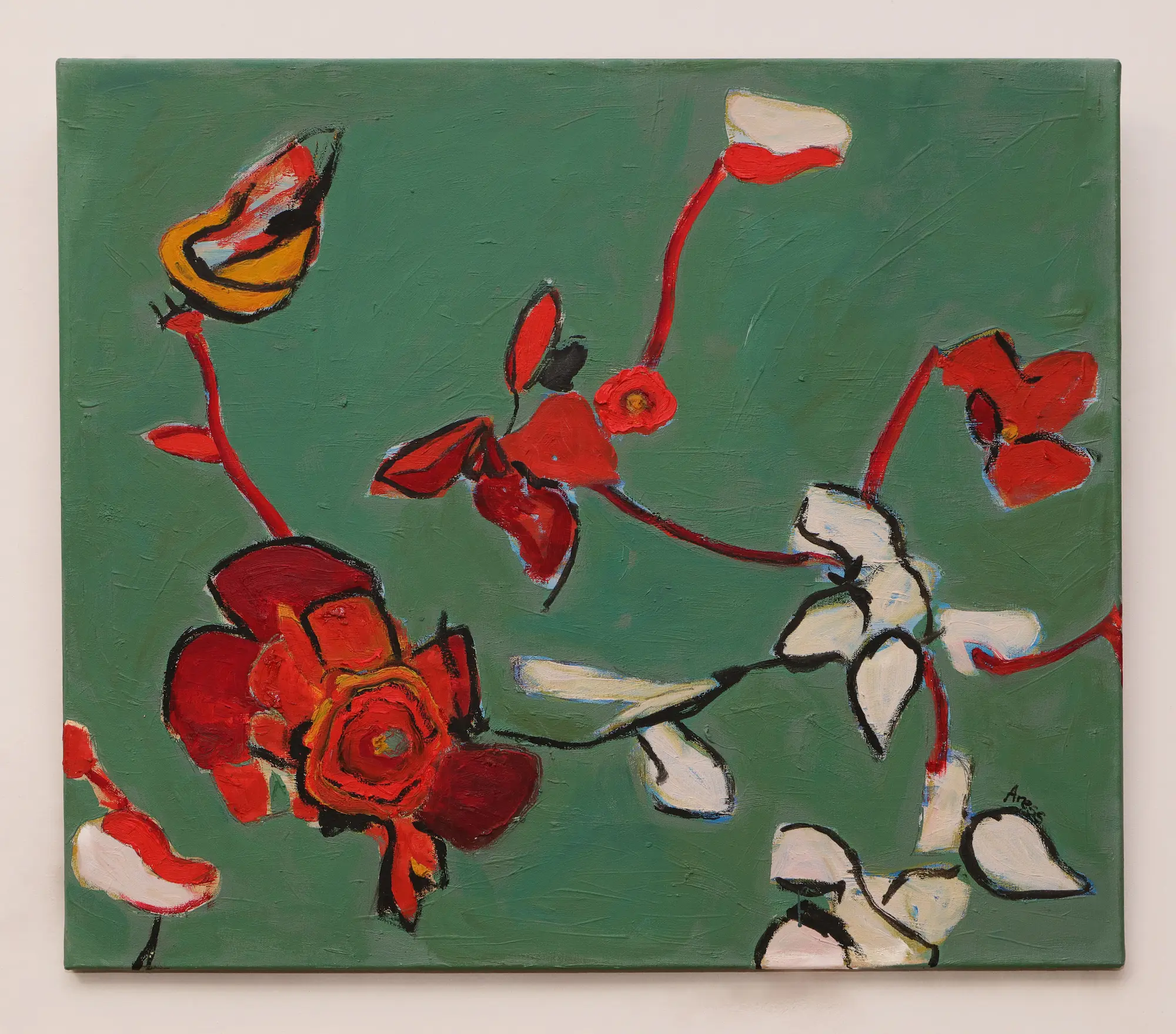 Nahaufnahme echtes Gemälde Blaetter Knospen Blueten Apfel Kirsch Baum Dornen gruen rot weiss