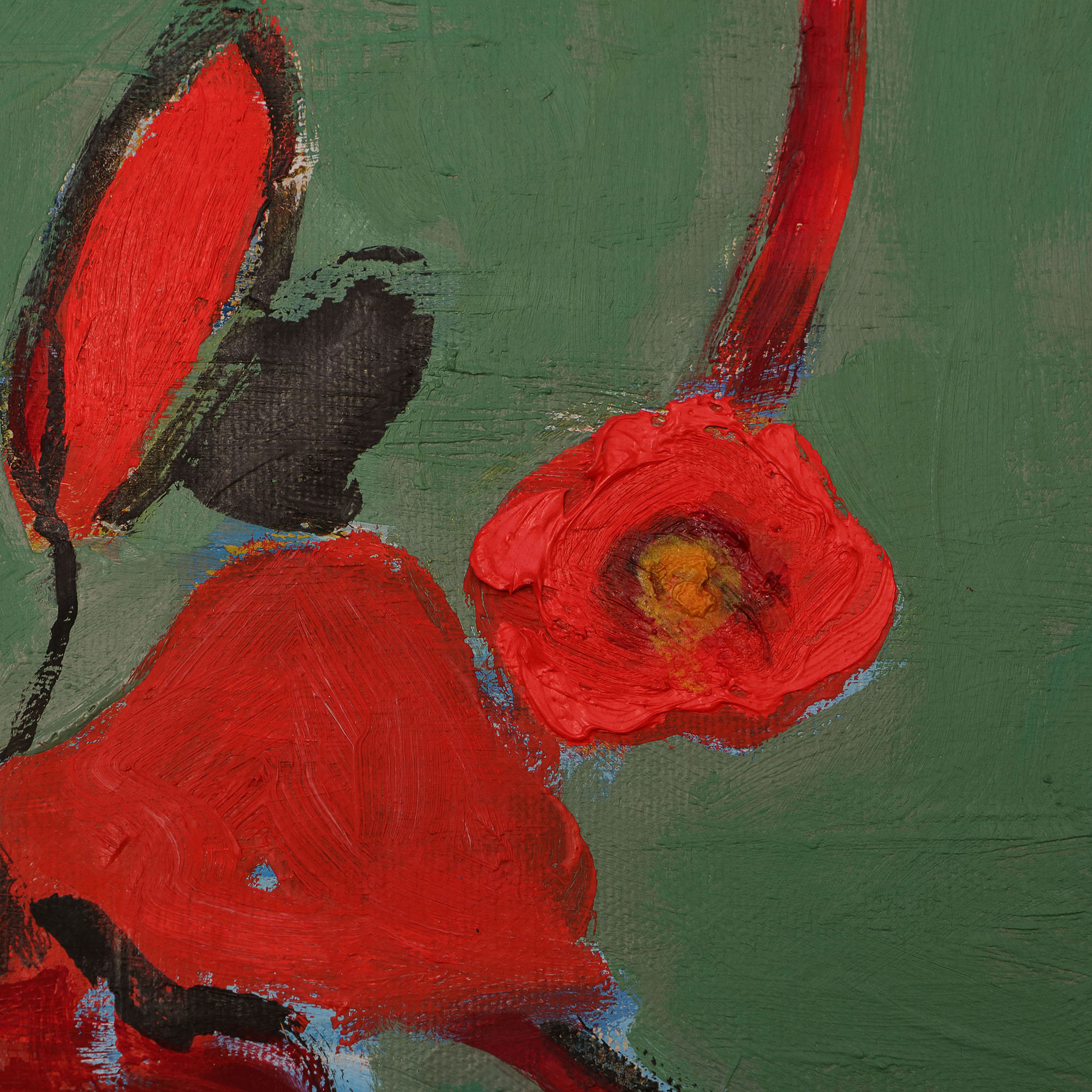 Detail echtes Gemälde Blaetter Knospen Blueten Apfel Kirsch Baum Dornen gruen rot weiss