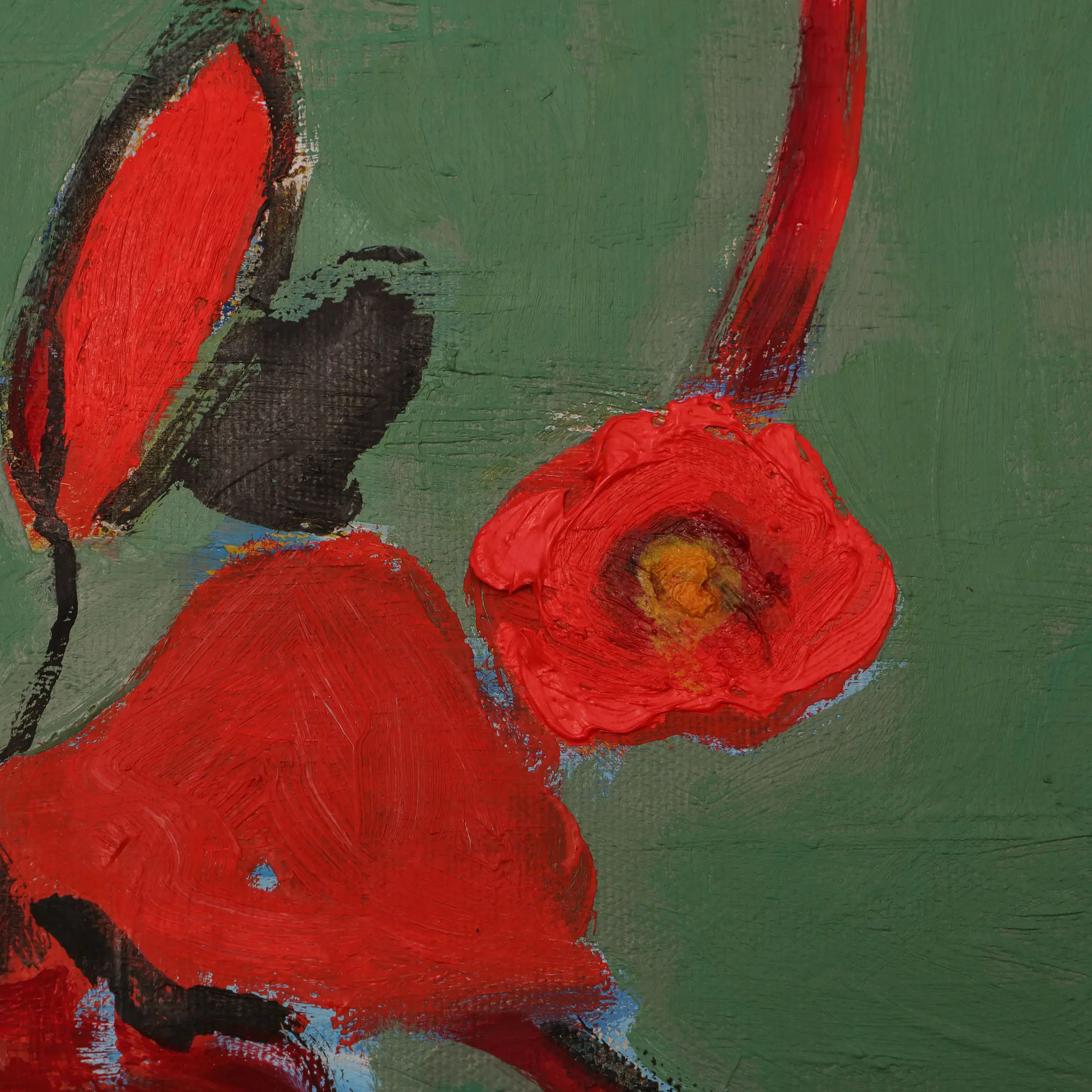 Nahaufnahme echtes Gemälde Blaetter Knospen Blueten Apfel Kirsch Baum Dornen gruen rot weiss