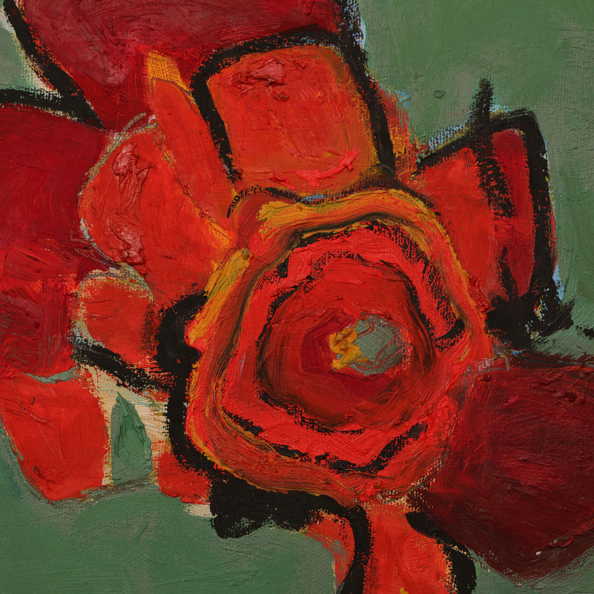 Detail echtes Gemälde Blaetter Knospen Blueten Apfel Kirsch Baum Dornen gruen rot weiss