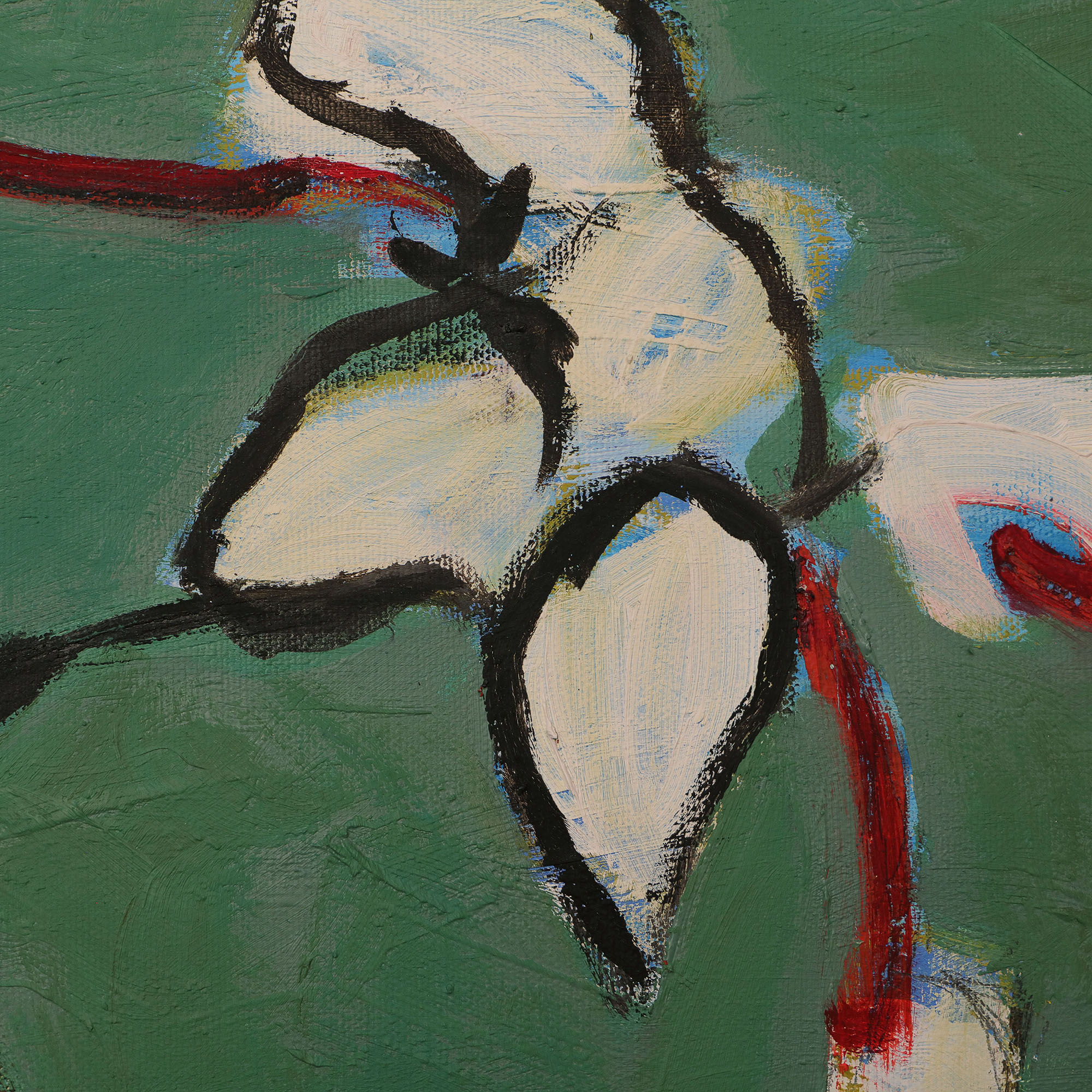 Detail echtes Gemälde Blaetter Knospen Blueten Apfel Kirsch Baum Dornen gruen rot weiss