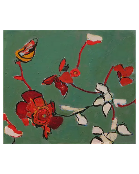 echtes Gemälde Blaetter Knospen Blueten Apfel Kirsch Baum Dornen gruen rot weiss