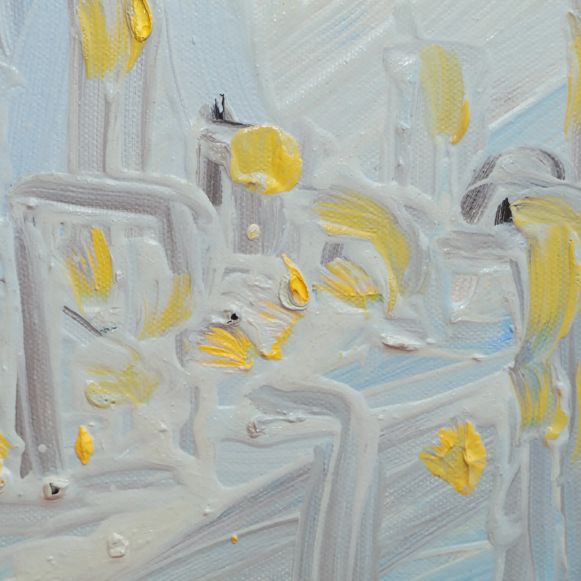 Nahaufnahme Gemälde Frankfurt New York Grossstadt Stadt Skyline Hochhaeuser grau hell alla-prima