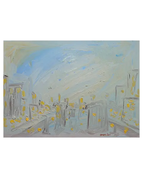 Gemälde Frankfurt New York Grossstadt Stadt Skyline Hochhaeuser grau hell alla-prima