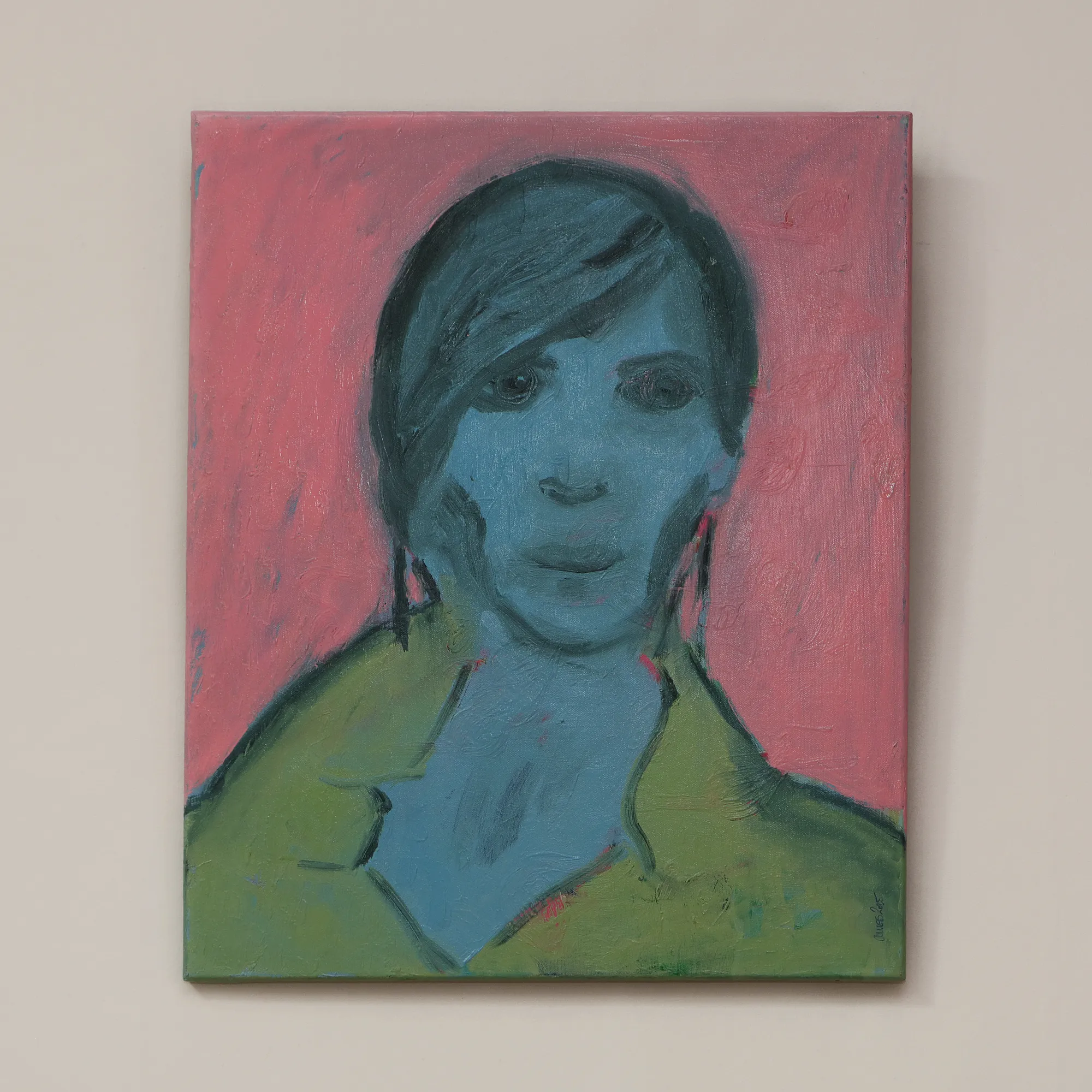 Nahaufnahme Gemälde Bild Selbst Portraet Frau Frauen Kopf pastell rosa blau gruen Torso Öl