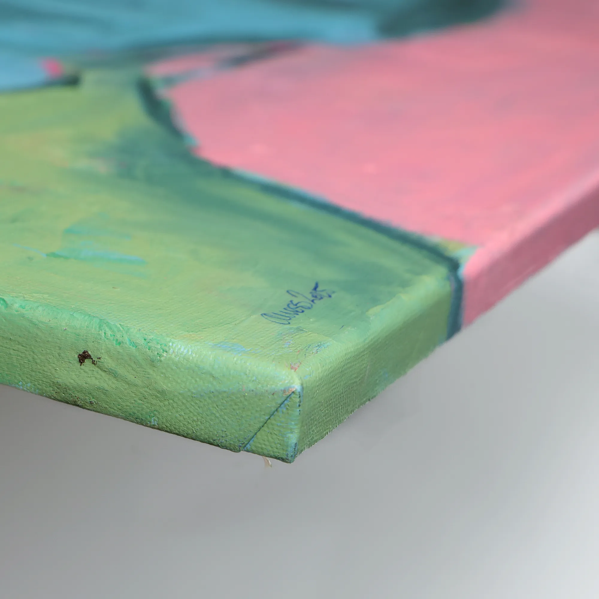 Nahaufnahme Gemälde Bild Selbst Portraet Frau Frauen Kopf pastell rosa blau gruen Torso Öl