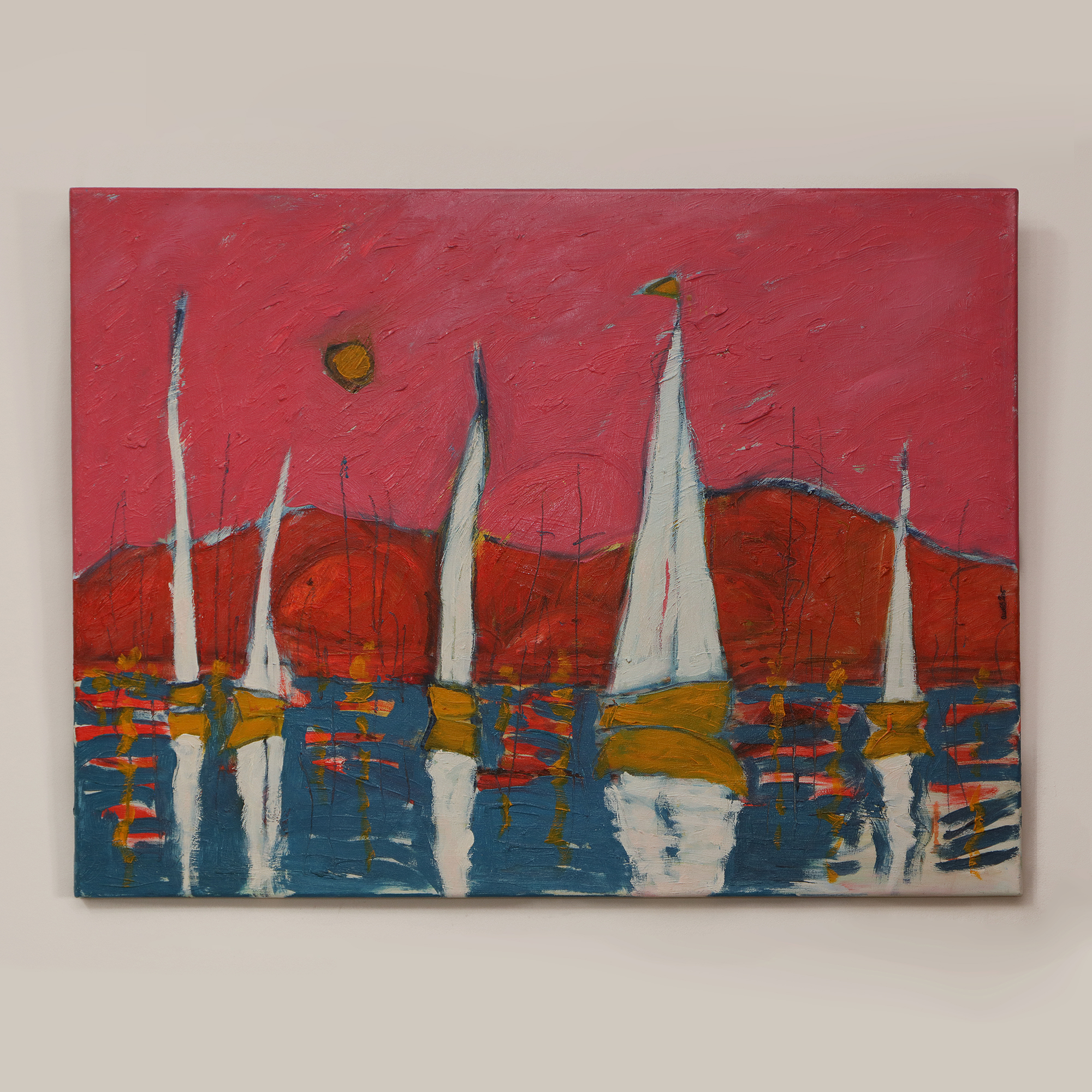 Detail XL Gemaelde Bild Meer rot rosa Sonne Berg Segel Boot Boote Urlaub blau Capri See