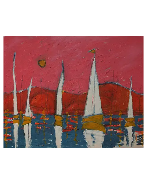 XL Gemaelde Bild Meer rot rosa Sonne Berg Segel Boot Boote Urlaub blau Capri See