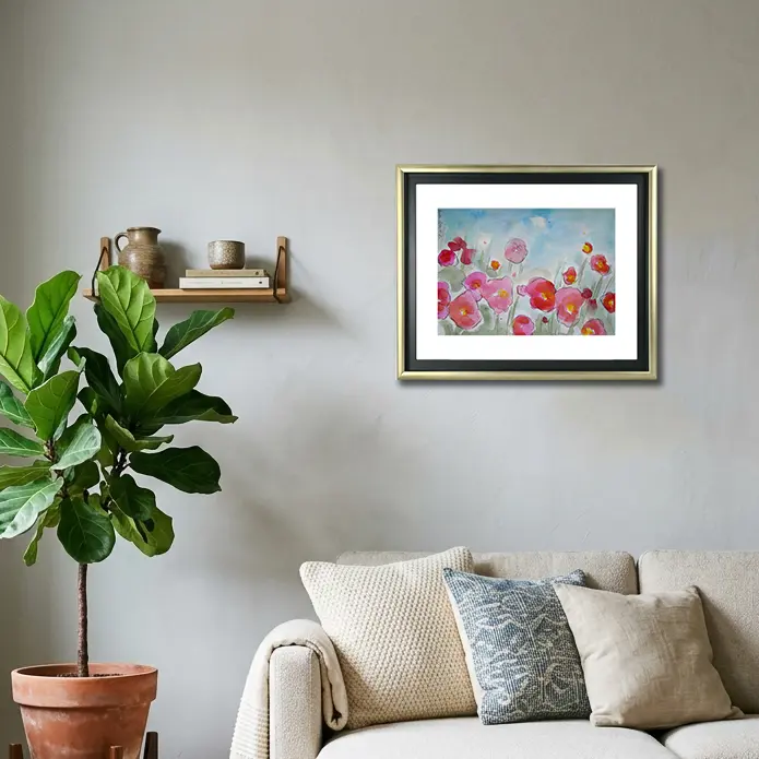 Wandbild für modernes Wohndesign echtes Aquarell Gemälde Unikat Mohn Tulpen Blumen Wiese Feld XS klein pink rosa