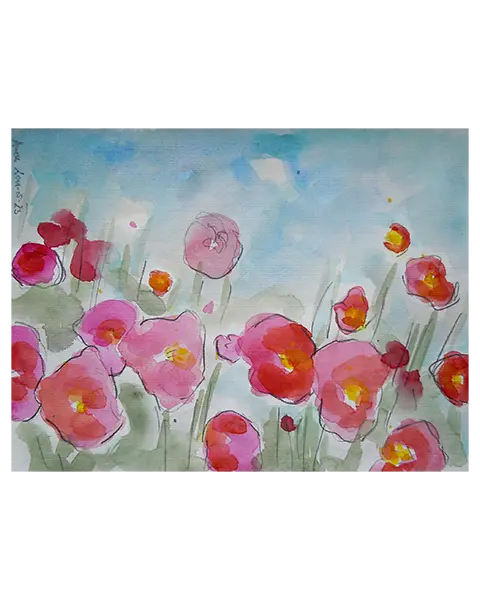 echtes Aquarell Gemälde Unikat Mohn Tulpen Blumen Wiese Feld XS klein pink rosa