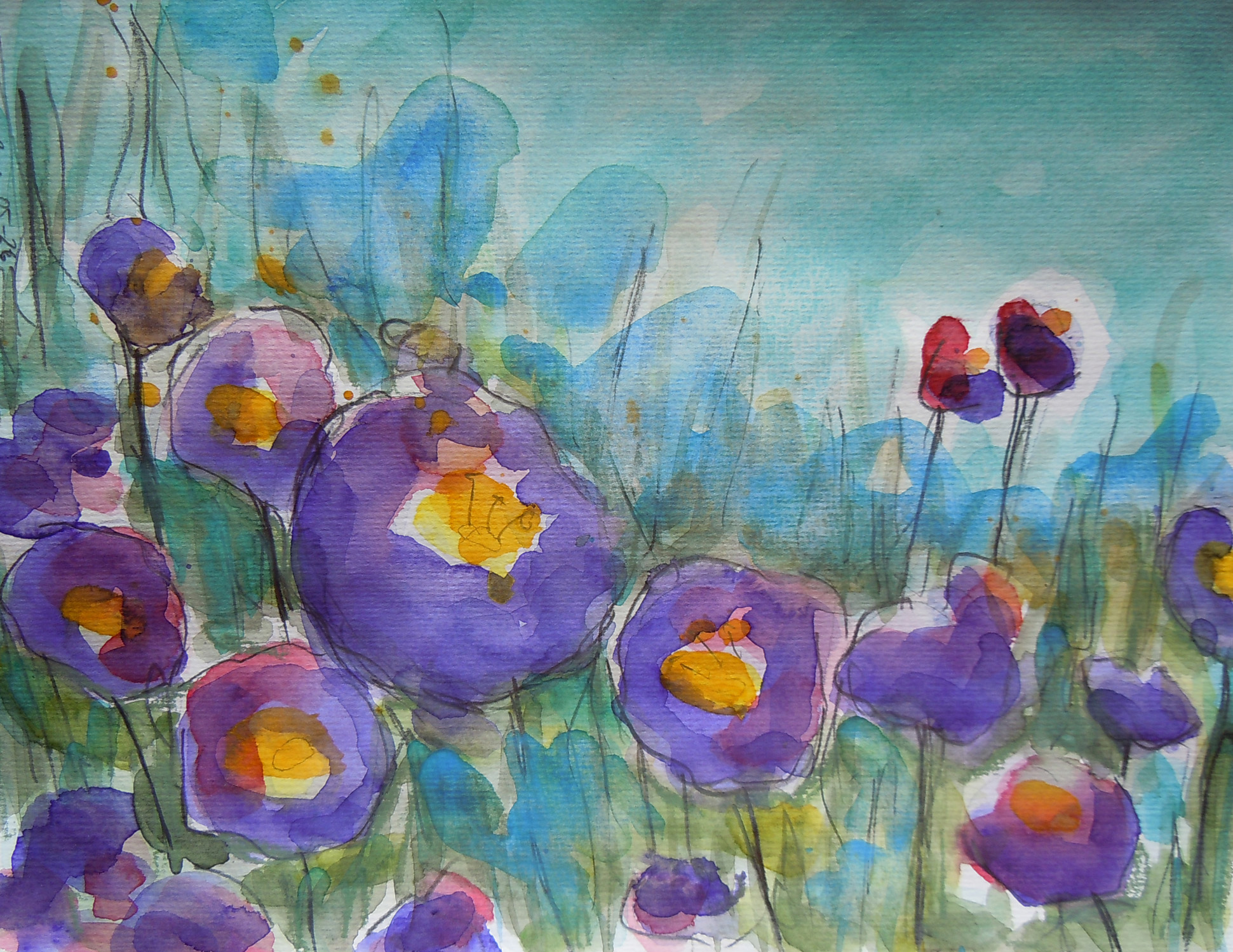 echtes Aquarell Gemälde Unikat Mohn Tulpen Blumen Wiese Feld XS klein blau lila