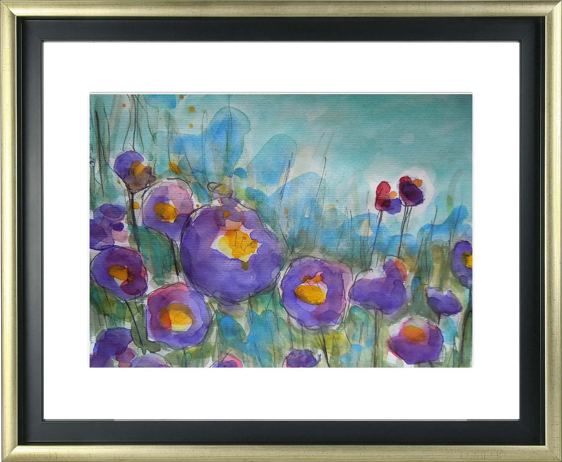 Nahaufnahme echtes Aquarell Gemälde Unikat Mohn Tulpen Blumen Wiese Feld XS klein blau lila