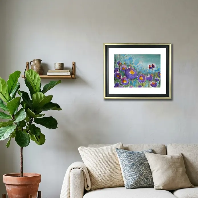 Wandbild für modernes Wohndesign echtes Aquarell Gemälde Unikat Mohn Tulpen Blumen Wiese Feld XS klein blau lila