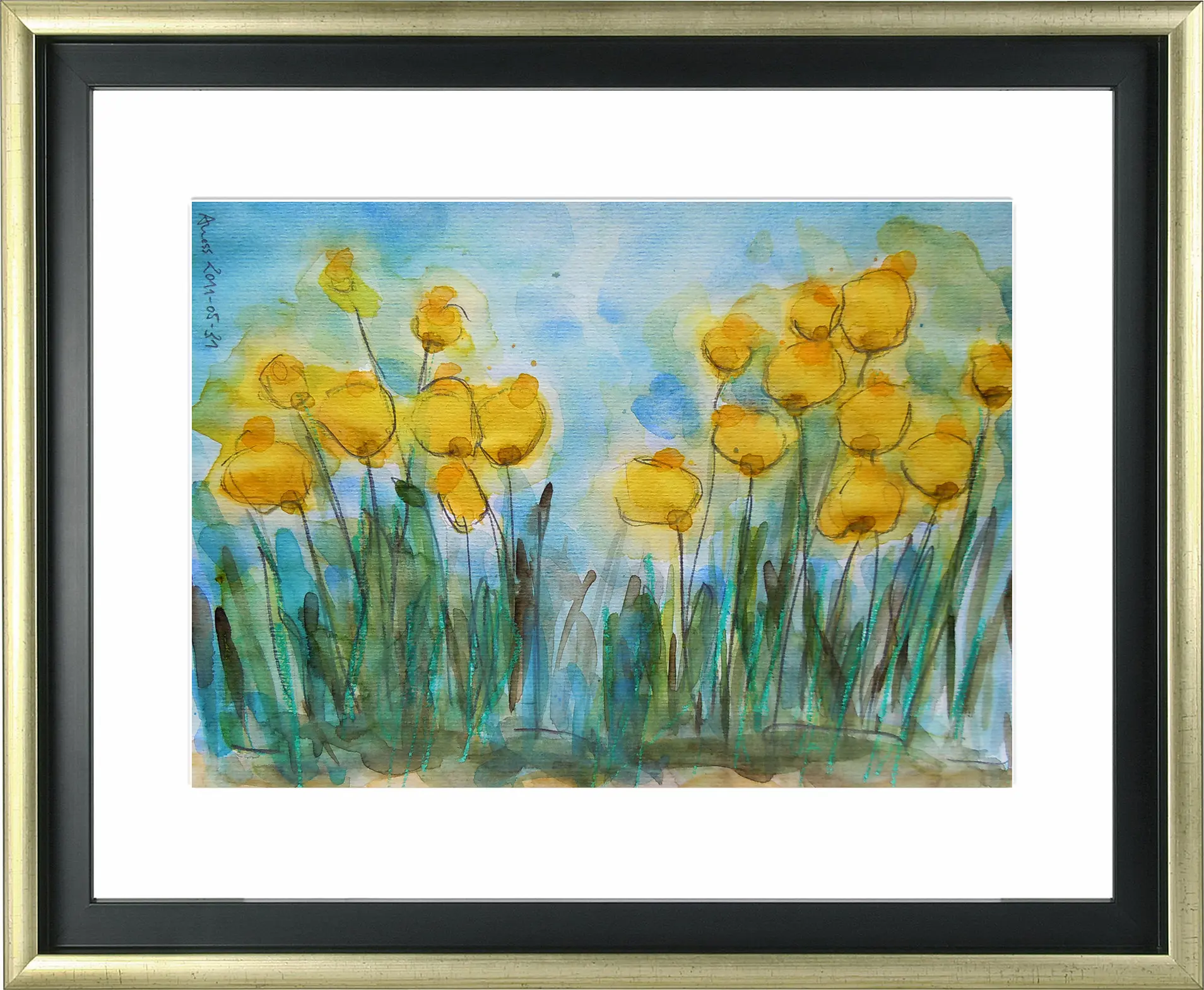 Nahaufnahme echtes Aquarell Gemälde Unikat Mohn Tulpen Blumen Wiese Feld XS klein blau gelb