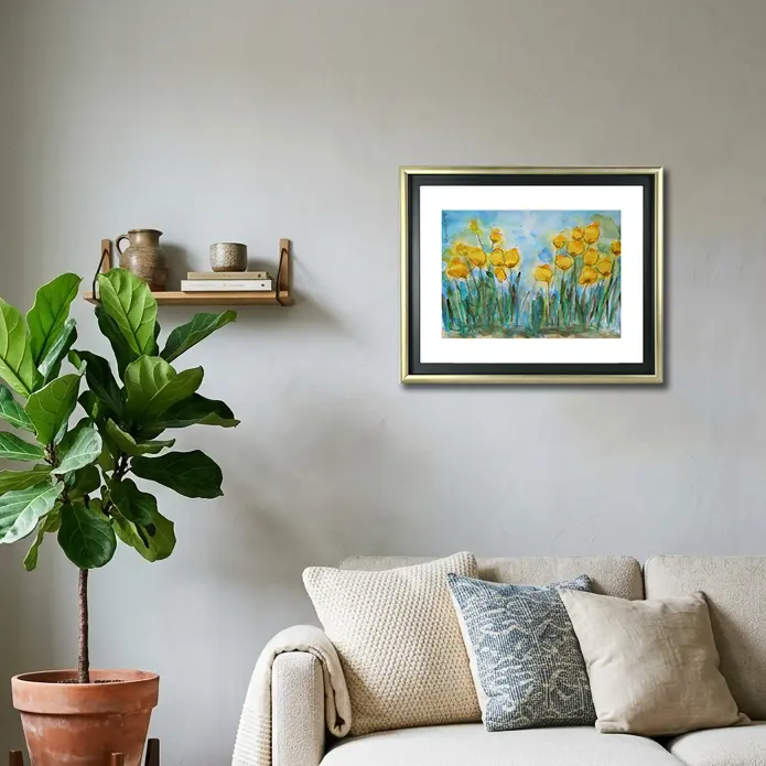 Wandbild für modernes Wohndesign echtes Aquarell Gemälde Unikat Mohn Tulpen Blumen Wiese Feld XS klein blau gelb