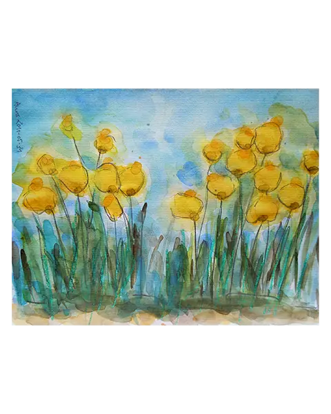 echtes Aquarell Gemälde Unikat Mohn Tulpen Blumen Wiese Feld XS klein blau gelb