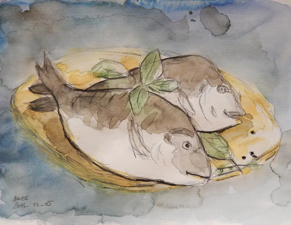 künstler aquarell gemälde bild klein xs zwei fische doraden esszimmer küche
