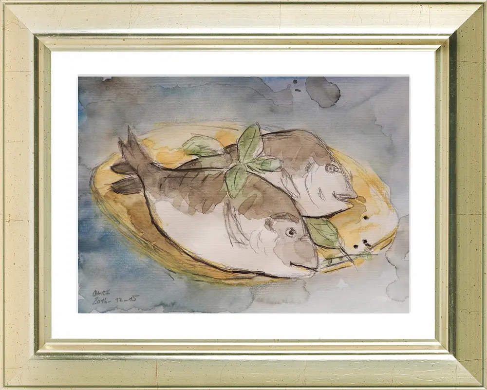 Nahaufnahme künstler aquarell gemälde bild klein xs zwei fische doraden esszimmer küche