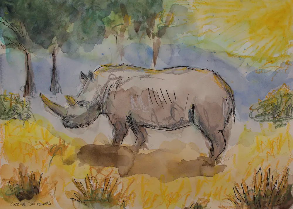 künstler aquarell gemälde bild klein xs tier nashorn afrika kinder zimmer kunst