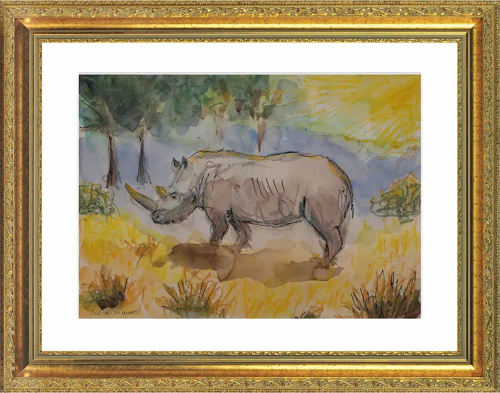 Nahaufnahme künstler aquarell gemälde bild klein xs tier nashorn afrika kinder zimmer kunst